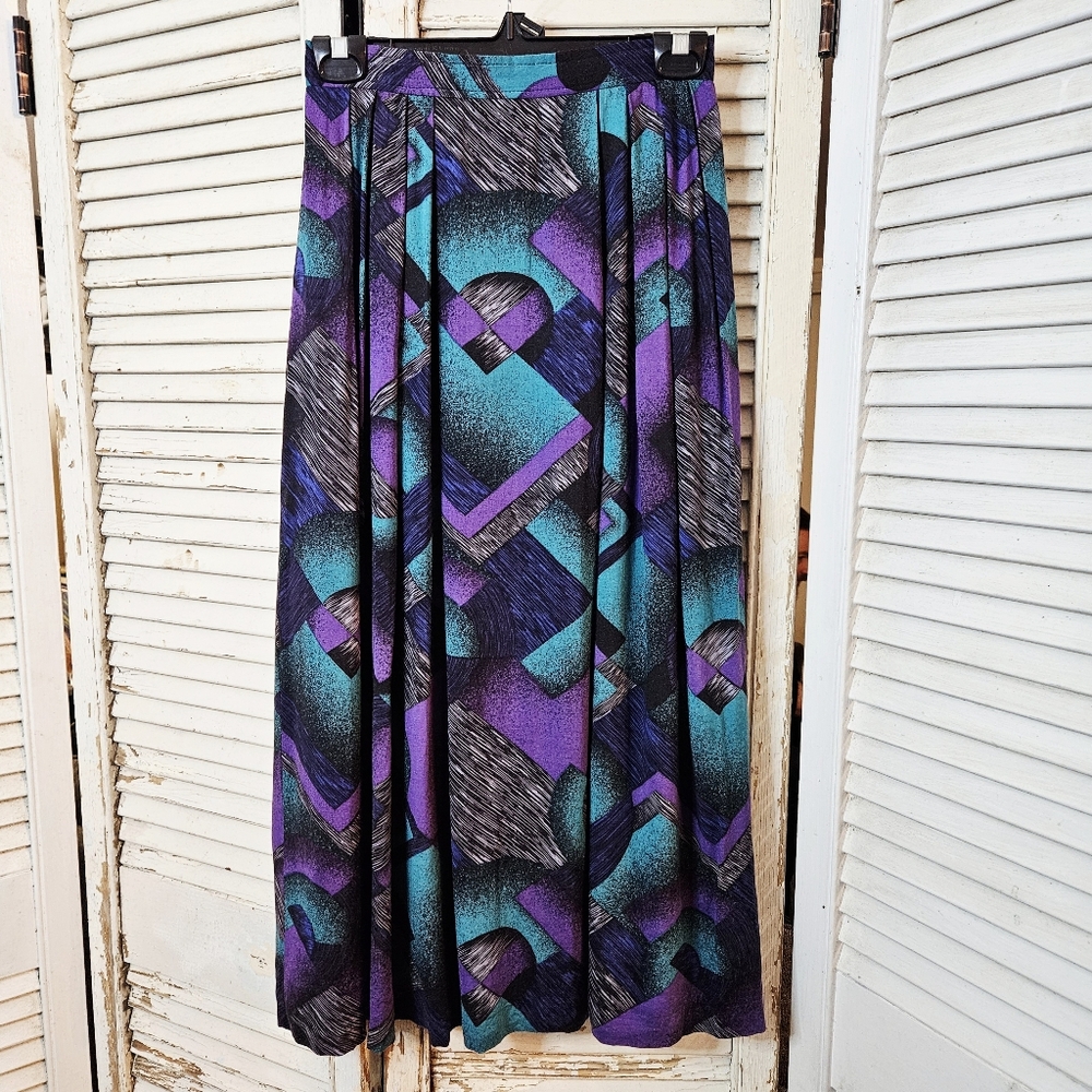 Vintage 80s Flowy Midi Skirt Geometric Print Purple And Blue Fully Lined XS/S